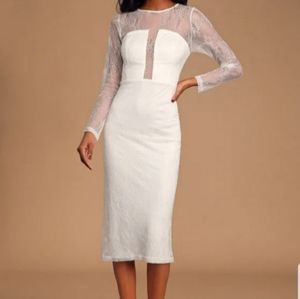 White Lace Long-sleeved Bodycon Midi Dress